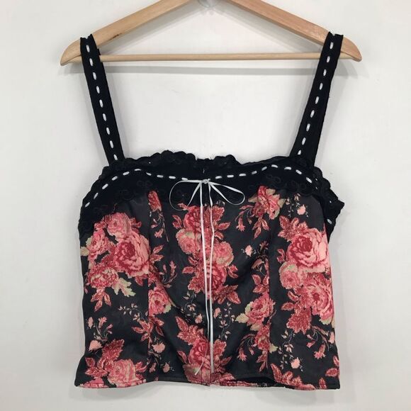 Free People X Revolve BELLE Black Pink Floral Eyelet Lace Corset Top - Picture 7 of 16